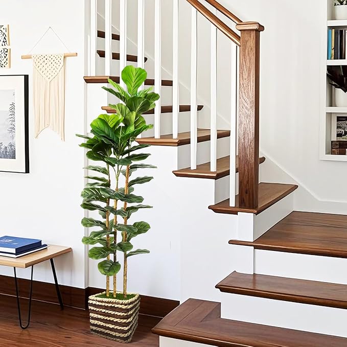 Artificial Fiddle Leaf Fig Tree Indoor with Woven Basket - 5ft Tall Fake Tree with Real-Wood Trunk,Faux Plants for Living Rooms, Offices, Kitchens & Outdoor Spaces (Square Basket)