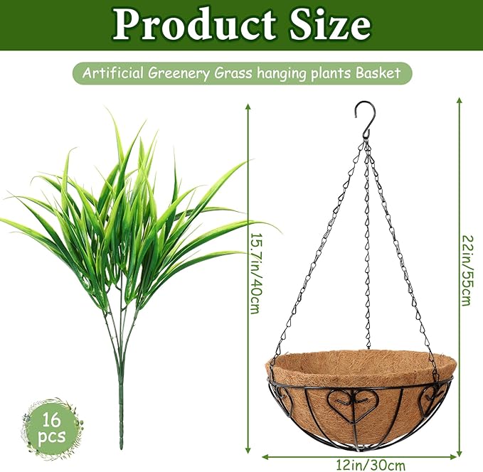 KHOYIME 2 Set Artificial Hanging Plants Basket for Outdoors Indoor, Faux Green Grass Baskets Fake Greenery Stems Planters UV Resistant Spring Summer Decor for Home Garden Porch Balcony Patio Yard