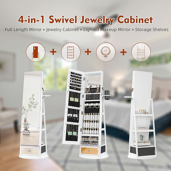 Mirror Jewelry Cabinet Standing, 360° Swivel Jewelry Armoire with 6 LED Lights, Rotatable Mirror Jewelry Organizer, White