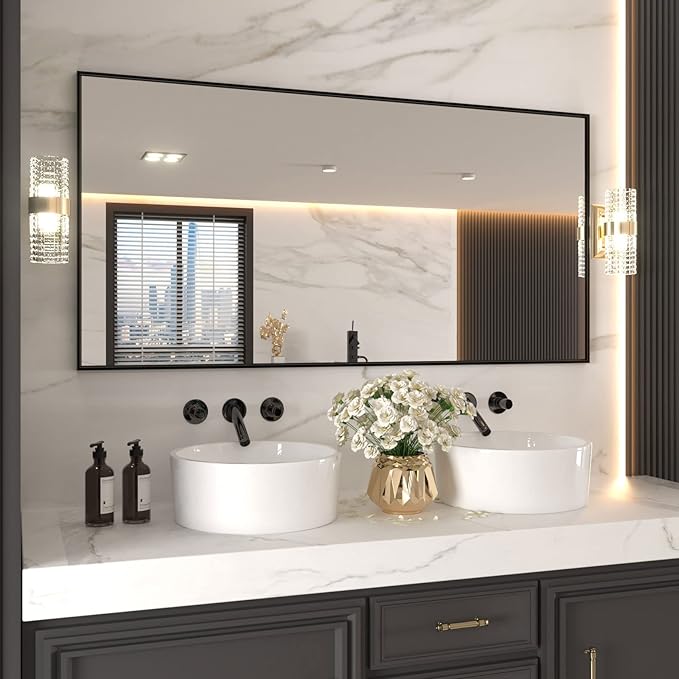 LOAAO 72"X36" Black Rectangle Bathroom Mirror Wall, Matte Black Aluminum Alloy Frame, Tempered Glass, Hangs Vertically or Horizontally, Easy to Install