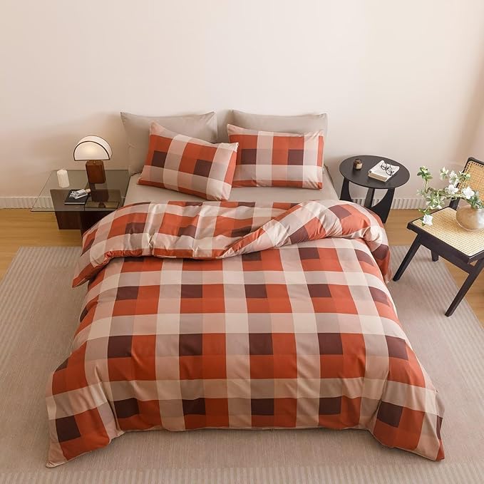Cottonight Checkered Red Comforter Set King Men Gingham Grid Bedding Set Red and Khaki Grid Comforter Fluffy Soft Blanket Quilts Modern Cottagecore Comforter with 2 Pillowcases for King Bed
