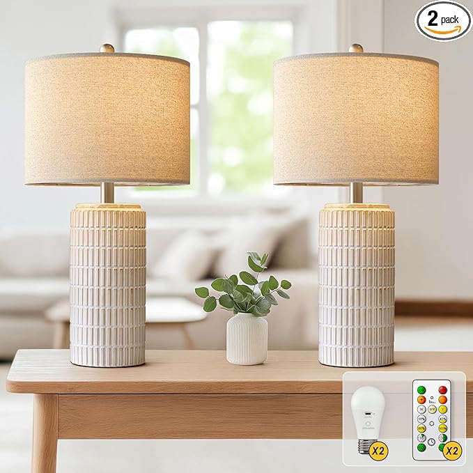 PoKat 23'' Ceramic Cordless Table Lamps, Remote Control Battery Operated Rechargeable Lamps Decor, Stepless Dimming Bedside Lamps, Modern Lamps for Living Bedroom Nightstands Garden Dinning Kitchen