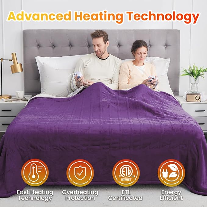 WOOMER Electric Heated Blanket Queen Size, Soft Flannel Fast Heating Blanket, Purple Color, 84"x 90", 10 Heating Levels & 0.5-12H Auto Off, Over-Heat Protection