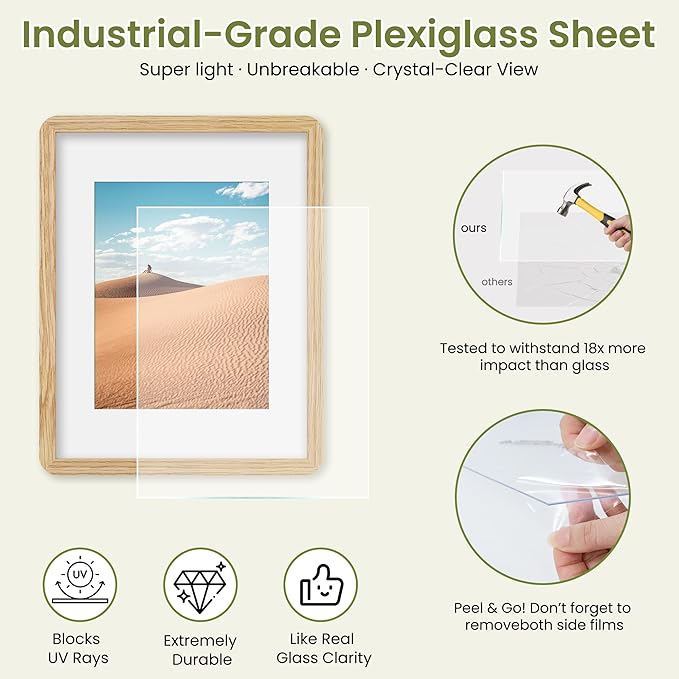 11x14 Round Corner Picture Frame, Solid Oak Photo Frame With Mat For 8x10, Plexiglass Framing And Hanging Hardware For Wall Or Tabletop Poster Frame, Natural Oak, 3 Pack