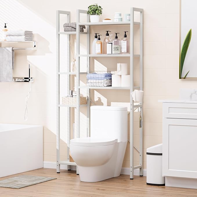 OTK Over The Toilet Storage with 7-Tier Bathroom Organizer Shelf, Freestanding Space Saver with Hooks & Adjustable Feet, Storage Rack for Bathroom, Restroom, Laundry, White