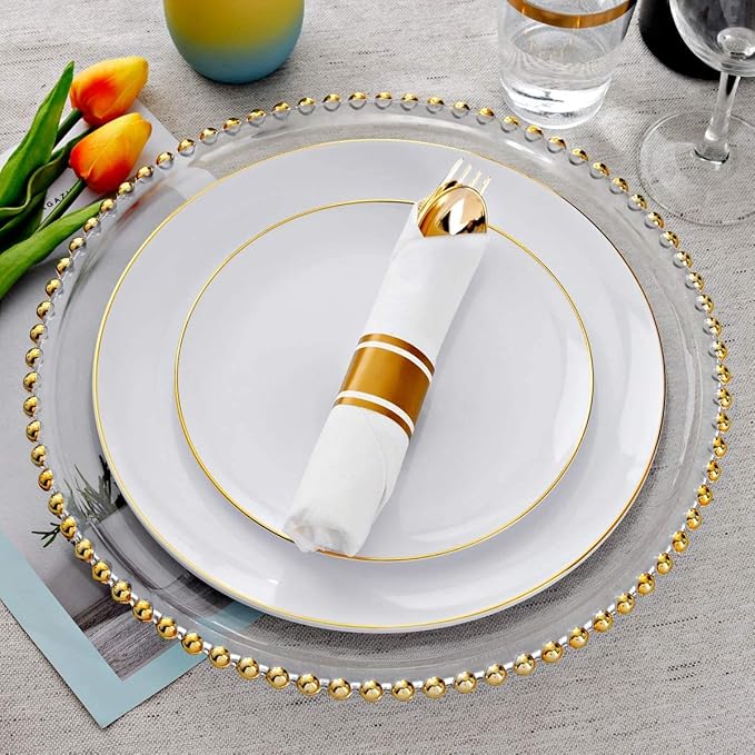 Supernal 350pcs Gold Disposable Dinnerware Set,Pre Rolled Plastic Silverware,Include 50 Gold Plates and 50 Dessert Plates, 50 Silverware with Paper Napkins,50 Disposable Cups