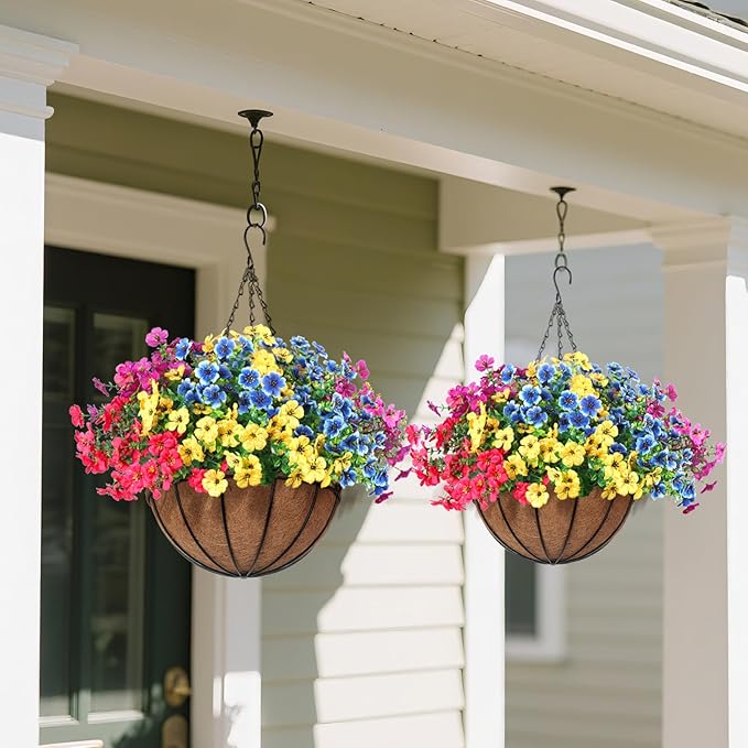 2 Set Outdoor Artificial Hanging Baskets, UV Resistant Faux Fake Hanging Flowers Plants Planters for Spring Summer Front Porch Patio Yard Garden Home Decor (Purple, Yellow, Hot Pink, Blue)