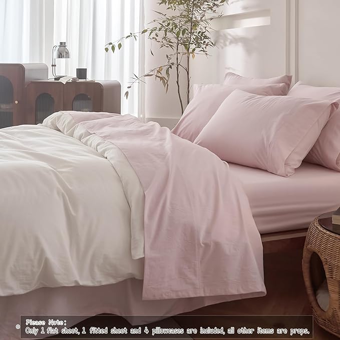 6PS Linen Like Bedding Sheet Sets Greyish Pink Cotton Bedding Set Oeko-TEX Standard 100% Washed Cotton Deep Pocket King Size Fitted Sheet Plus Cozy Flat Sheet and 4 Pillowcases