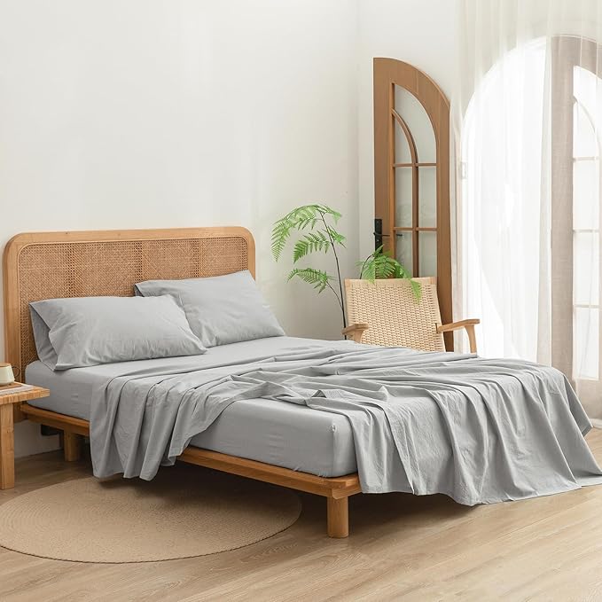 BESTOUCH Sheet Set 100% Washed Cotton Linen Feel Super Soft Comfortable Chic Lightweight 3 Pcs Home Bedding Set Solid Northern Droplet Grey Twin