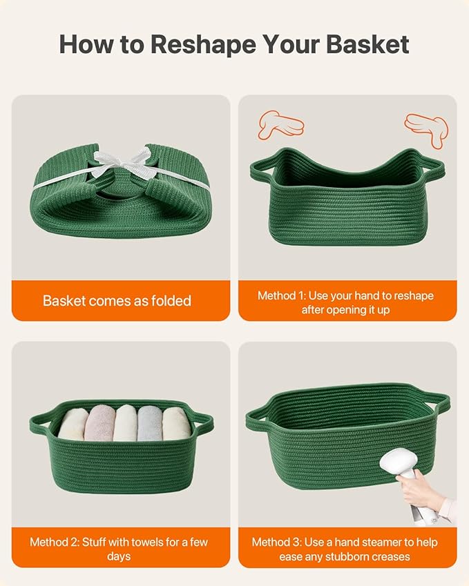 KALLAX Small Woven Basket, 14 x 10 x 5.6 Inches, Small Storage Baskets for Organizing, Gift Baskets Empty, Cute Rope Shelf Closet Storage Bins for Shelves, Dog Toy Basket, Green