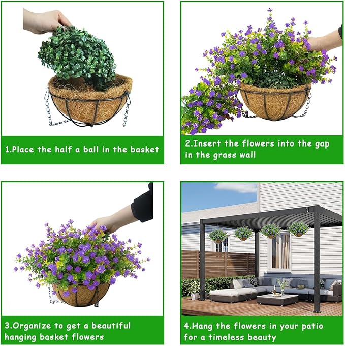 Artificial Hanging Flowers Basket, 12 UV-Resistant Bundles of Realistic Fake Flowers, Faux Plants for Outdoor Decor, Home, Garden, Porch, Patio, Spring & Summer Decorations, Purple