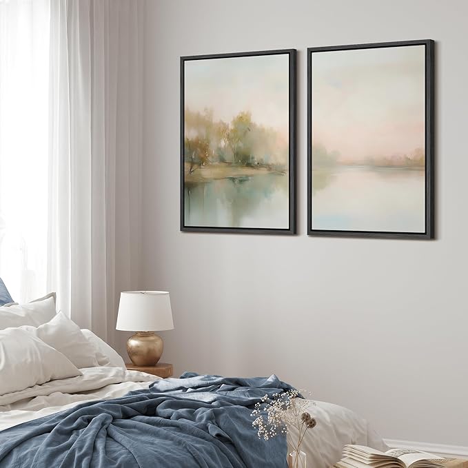 MUDECOR Framed Canvas Print Wall Art Tranquil Reflection Serene River Landscape Illustrations Modern Art Decorative Bohemian Chic for Living Room, Bedroom, Office - 16"x24"x2 Black