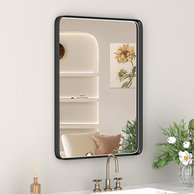Black Metal Frame Wall Mount Bathroom Mirror, 22 x 32 Inch Rectangular Round Mirror, Matte Black Vanity Mirror, Farmhouse Style, Hang Horizontally or Vertically