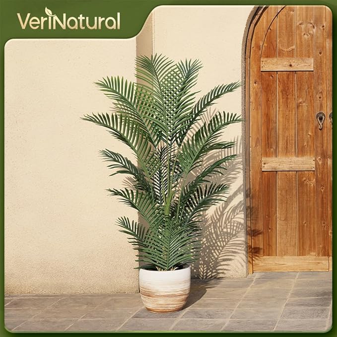 Artificial Palm Tree, 5FT Tall Fake Palm Trees with UV Resistant Leaves, Potted Faux Areca Palm Plant for Indoor Outdoor, Large Floor Plants for Home Living Room Porch Decor, 2Pcs - VN125