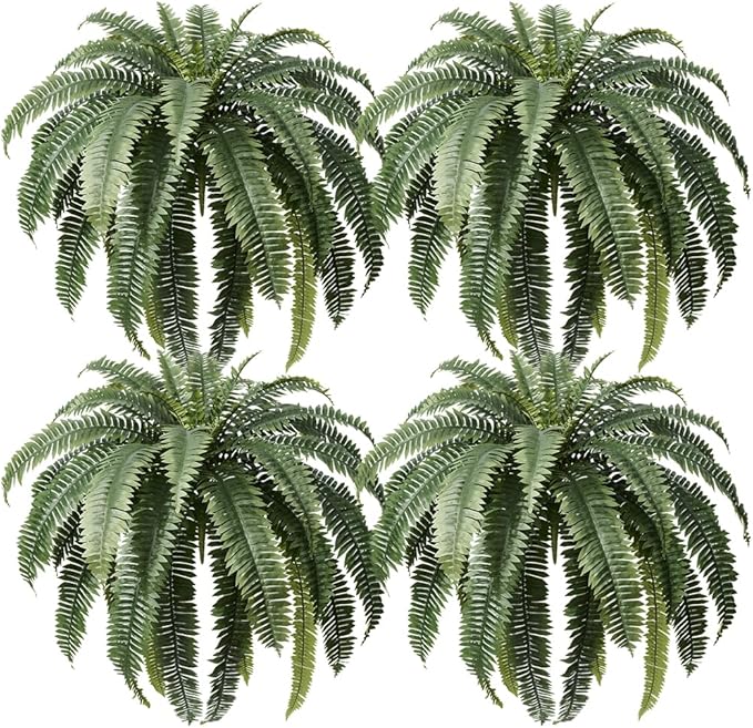Artificial Boston Ferns 48" UV Resistant Faux Ferns with 39 Fronds for Outdoors - Large Fake Plants for Home, Garden, Front Porch and Hanging Decor - Lifelike Greenery for Indoor Spaces,4pcs VN141