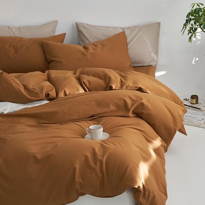 MooMee Queen Duvet Cover Set, 100% Washed Cotton Linen Like Twill Thick Sturdy Material Super Soft Breathable Durable Bedding for All Season, 3 Pieces (Dark Orange, Queen 90"x90")