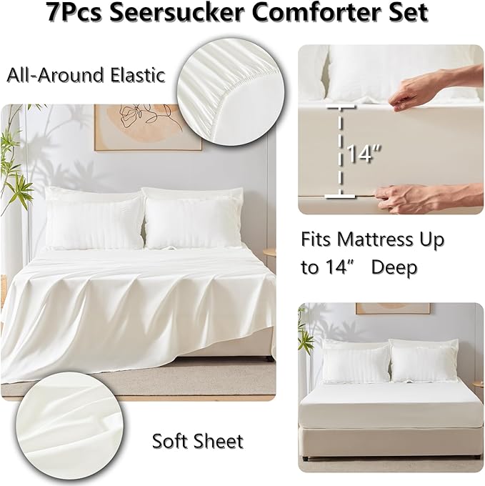 CozyLux Queen Comforter Set Ivory Seersucker 7 Pieces Bed in a Bag Queen Comforter Set with Sheets, Luxury Soft Bedding Set with Down Alternative Comforter, Sheets, Pillowcases & Shams for All Seasons
