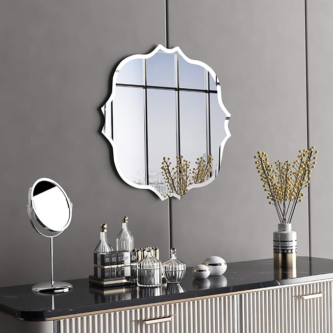 KOHROS Square Scalloped Bathroom Mirror 24" Frameless Beveled Bathroom Vanity Mirror, Anti-Rust, Tempered Glass, Wall Mirror for Bathroom Entryway Bedroom