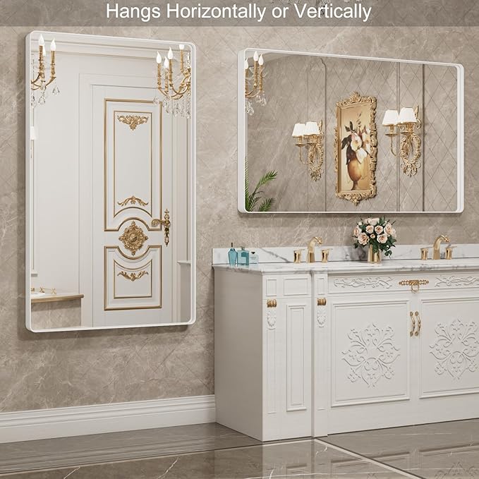 LOAAO 60x28 Inch White Metal Framed Bathroom Mirror for Wall, White Bathroom Vanity Mirror Farmhouse, Large Rounded Rectangle Mirror, Anti-Rust, Tempered Glass, Hangs Horizontally or Vertically