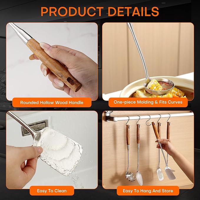 10 Pcs Cooking Utensils Set 304 Stainlss Steel Kitchen Utensils Set Heat Resistant Wooden Handle Kitchen Tools Metal Kitchen Utensil Soup Ladle Set, Dishwasher Safe
