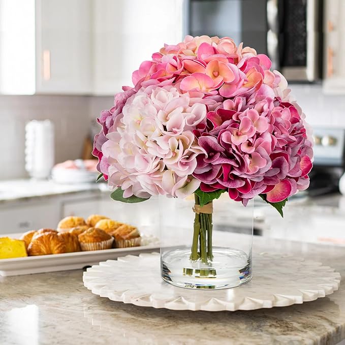 Hollyone Real Touch Pink Hydrangea Artificial Flowers in Vase Latex Large Faux Hydrangea Flowers Arrangements Hydrangeas Fake Flower with Glass Vase with Faux Water for Table Centerpiece Home Decor
