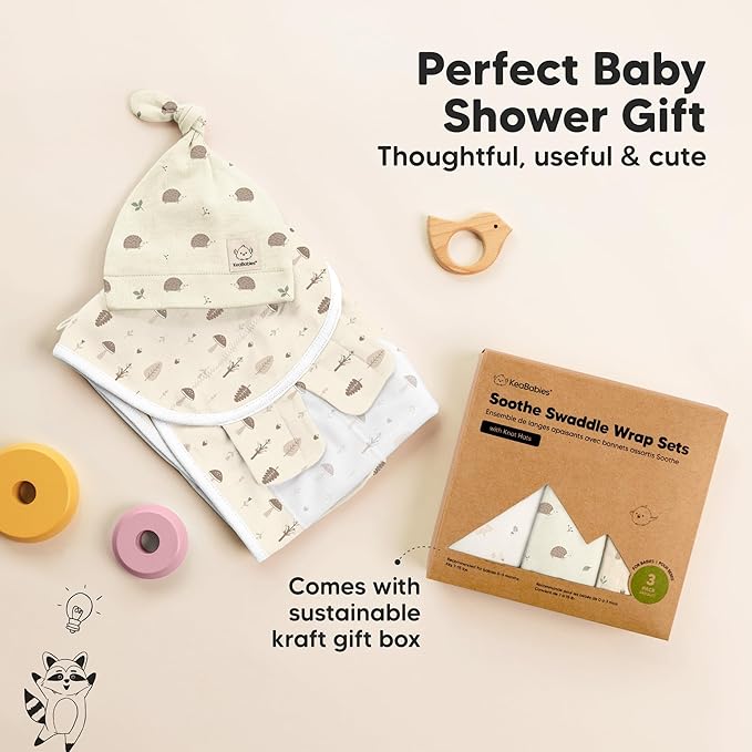 KeaBabies 3-Pack Swaddles for Newborns, Girls, Boys with Hats - Organic Soft Baby Sleep Sacks, Breathable Baby Swaddle 3-6 Months Beanies Set, Premie Infant Sleep Sack 0-3 Months (Nibbles/Bruce)