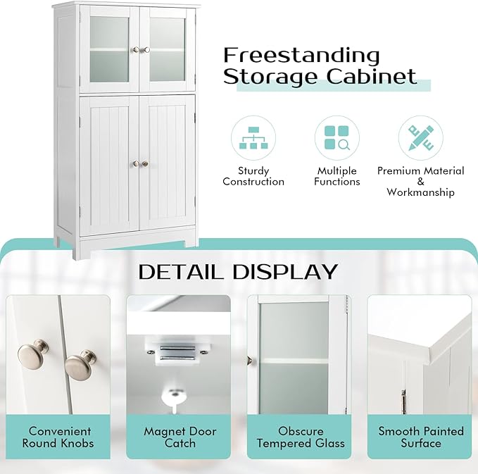 GOFLAME Bathroom Storage Cabinet, Freestanding Storage Cabinet with 4 Doors, Wooden Kitchen Cupboard with Adjustable Shelf, Buffet Sideboard, Multipurpose Home Organizer for Bathroom, Kitchen, White