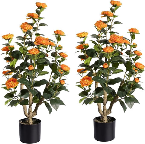 Romantic Season 2Pack Artificial Camellia Tree 3FT, Orange Faux Camellia Plant Fake Potted Camellia Flower Tree Plastic Camellia Tree for Modern Home Office Living Room Floor Décor Indoor
