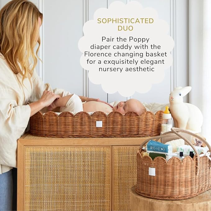 BEBE BASK Premium Baby Diaper Caddy Organizer - Handmade & Award-Winning Scalloped Rattan Basket - Luxury Diaper Caddy Basket - Elegant Scalloped Edge (Mocca)