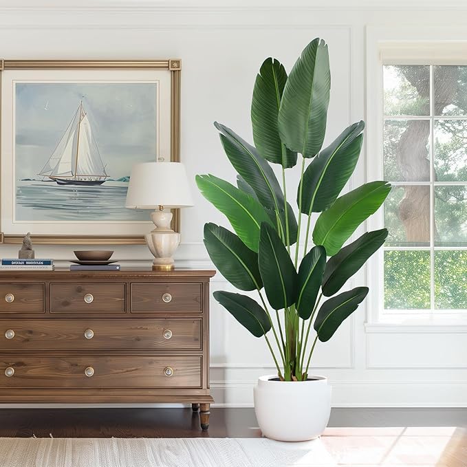 Artificial Bird of Paradise Plant 6 Ft Tall Fake Banana Leaf Plant for Indoors and Outdoors,Faux Palm Tree with Plastic Pot for Office and Home Decor,L180