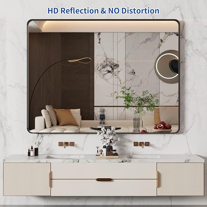 WEER Black Bathroom Mirror 48X36 Inch, Matte Black Bathroom Vanity Mirror Farmhouse, Large Rounded Rectangle Black Metal Framed, Anti-Rust, Tempered Glass, Hangs Horizontally or Vertically