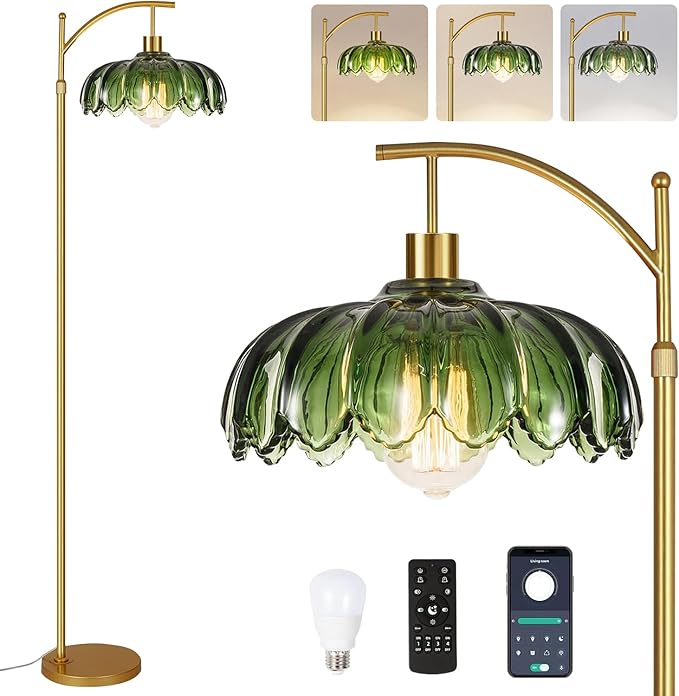 Gold Floor Lamps for Living Room Glass Vintage Floor Lamp with Remote Control,Dimmable Mid Century Modern Standing Lamp with 3 Color Temperature Tall Flower Lamp Brass Floor lamp for Bedroom Corner