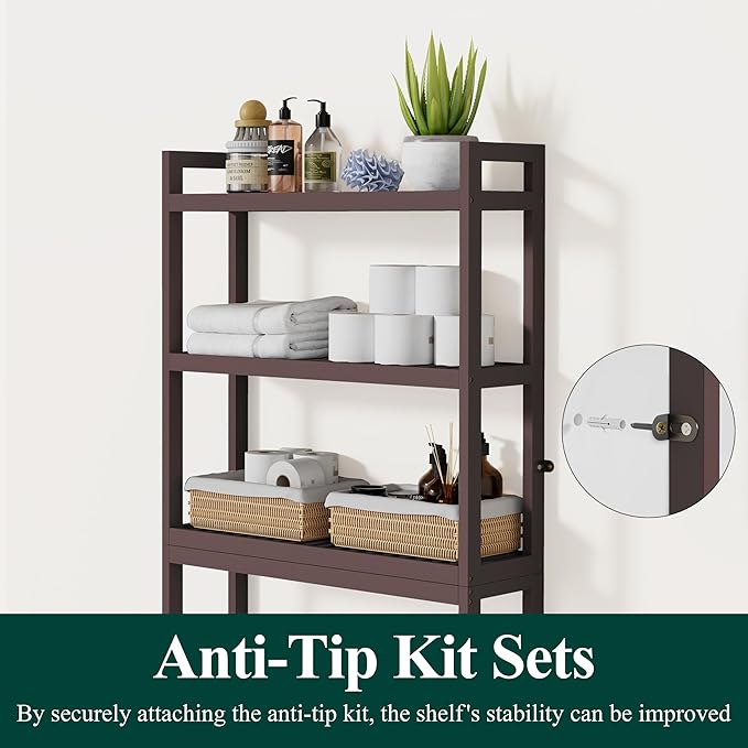 Smiry Over The Toilet Storage Cabinet, 3-Tier Bamboo Bathroom Organizers with Adjustable Shelf & 4 Hooks, Space Saving Shelf Rack for Bathrooms, Laundry Room, Balcony, Brown