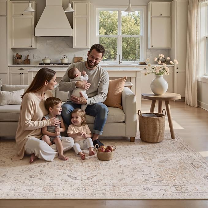 PADOOR-Vintage Area Rug 5X7 Rugs for Living Room-Soft Beige Rugs for Bedroom-Machine Washable Rugs Non Slip Carpet-Rug for Dining Room Living Room Bedside Office
