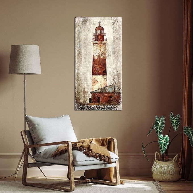 Visual Art Decor Rustic Coastal Picture Rustic Lighthouse Canvas Wall Art Retro Nautical Prints Artwork for Home Living Room Bedroom Office Decoration Ready to Hang Large 24"x48"