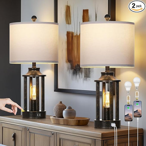 Farmhouse Table Lamps Set of 2, Vintage Living Room Lamps with 2 USB Ports, 3 Way Dimmable Touch Control Bedroom Lamp with 2 LED Nightlight, 23.5" Bedside Lamp for Nightstand Side End Table, Bronze