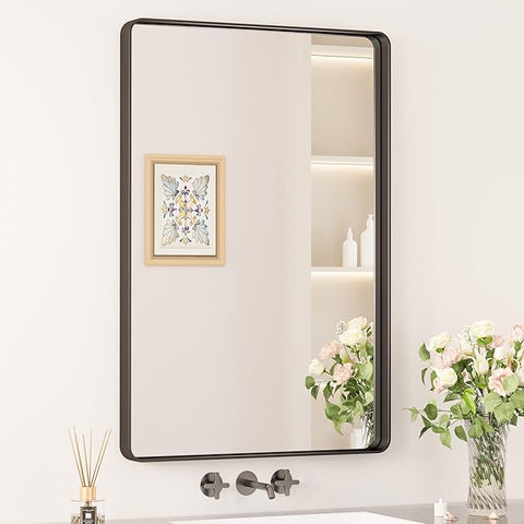 Keonjinn Black Bathroom Mirror for Vanity 24 x 36 Inch Metal Framed Wall Mirror Matte Black Rounded Rectangle Farmhouse Mirror, HD Tempered Glass, Wall-Mounted Decorative Mirror(Horizontal/Vertical)