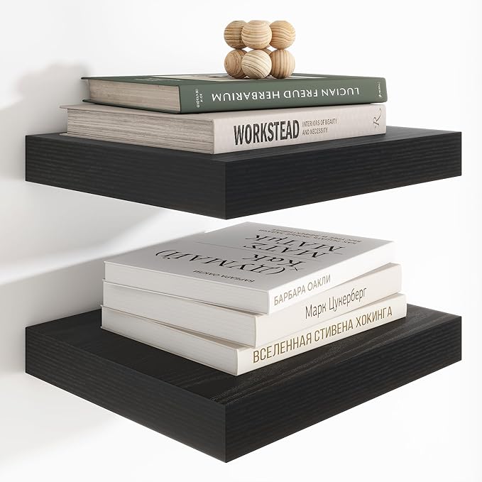 Heimlove 12 Inch Deep Floating Shelves, 12 x 12 inches Long Wall Shelf, Large Extra Display Shelf & Storage Shelf, Rustic Wood Wall Shelves for Fireplace Mantel, Black - 2Pack