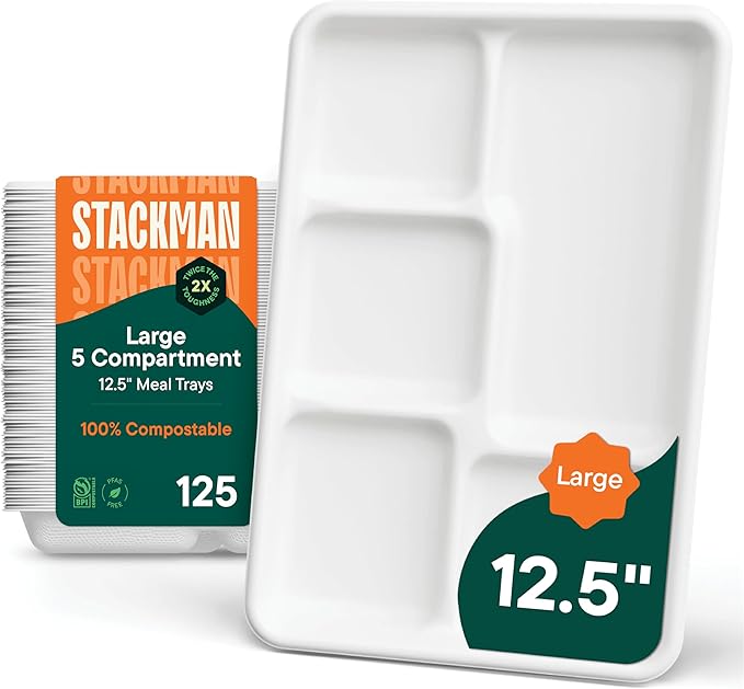 100% Compostable, Large 5 Compartment, Disposable Tray [125-Pack] - [12.5 Inch] Heavy Duty Biodegradable Bagasse Sectional Lunch Trays + Dividers - Divided Platter - (PFAS Free) (BPA Certified)