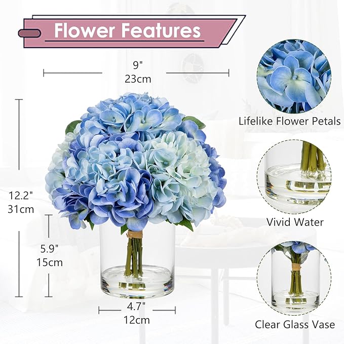 Hollyone Blue Hydrangea Artificial Flowers in Vase Latex Real Touch Large Faux Hydrangea Flowers Arrangements Hydrangeas Fake Flower with Glass Vase with Faux Water for Table Centerpiece Home Decor ﻿