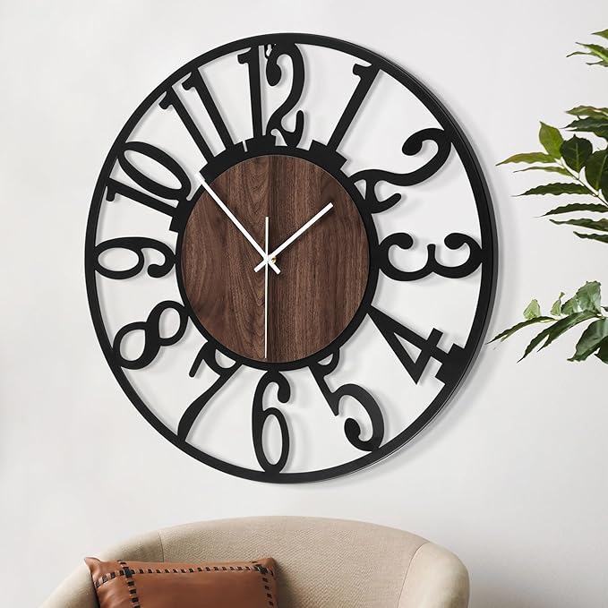 LEIKE Large Wall Clocks for Living Room,Silent,Non Ticking,Battery Operated Oversized Vintage Round Modern Wood Wall Clock for Bedroom,Farmhouse,Office Home Decor-24 Inch(Black-Arabic Number)