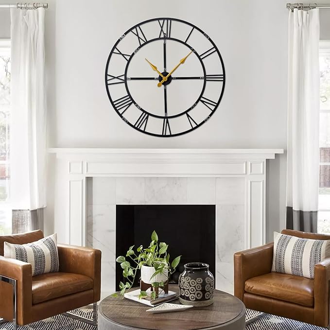 Large Wall Clock for Living Room Decor – 40 Inch Silent Non-Ticking Modern Farmhouse Wall Clock, Oversized Decorative Metal Roman Numeral Clock, Black