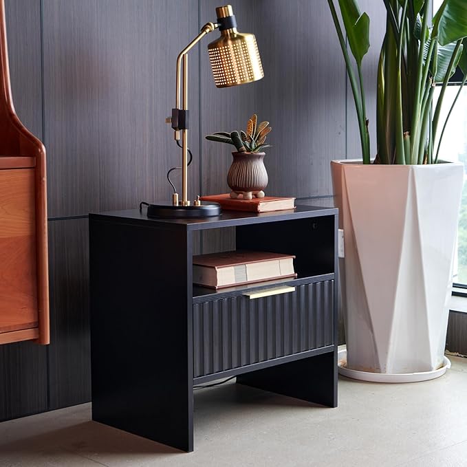 Nightstand Set of 2 Night Stand with Drawer Open Storage Shlef Modern Badside Stand End Table Fluted Mid Century Nightstand for Bedroom Living Room Sofa Couch Home Office Black
