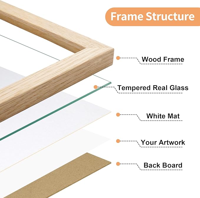 11x14 Picture Frame with Mat for 8x10, Natural Solid Oak Wood 11x14 Frame with Tempered Glass for Wall Mounting(Single,Oak)