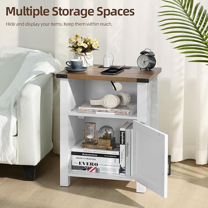Antique White Nightstand Set of 2, 18 Inch Farmhouse Night Stand with Charger Station and USB Port, Modern Couch Side Table with Magnetic Door and Storage Shelf, Bedside Tables for Bedroom