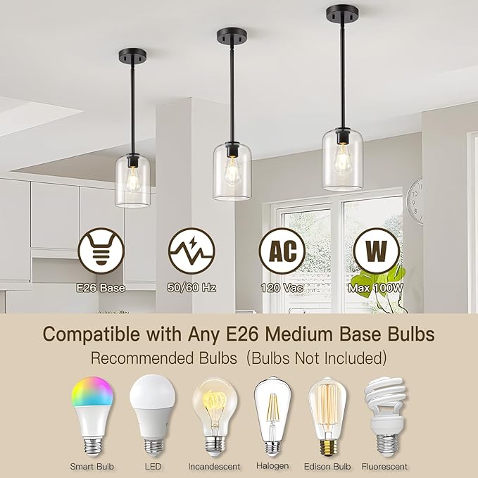 Black Pendant Light Fixtures, 6 Inch Clear Glass Shade Modern Farmhouse Pendant Lights Kitchen Island, Industrial Hanging Light Fixture Adjustable Stem Rod for Over Sink