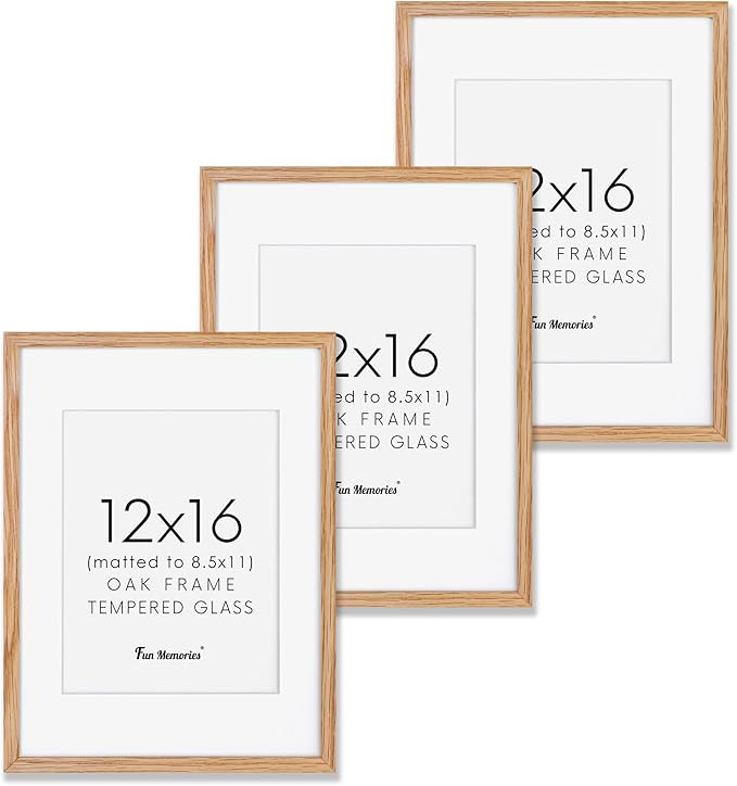 12x16 Picture Frames Set of 3, Solid Oak Wood Frame 12"x16" for Wall, 12x16 Frame Matted to 8.5x11, 12 by 16 Photo Frames, Tempered Real Glass, 12x16 Wood Frame (Beige Oak Color, 3 Pack)