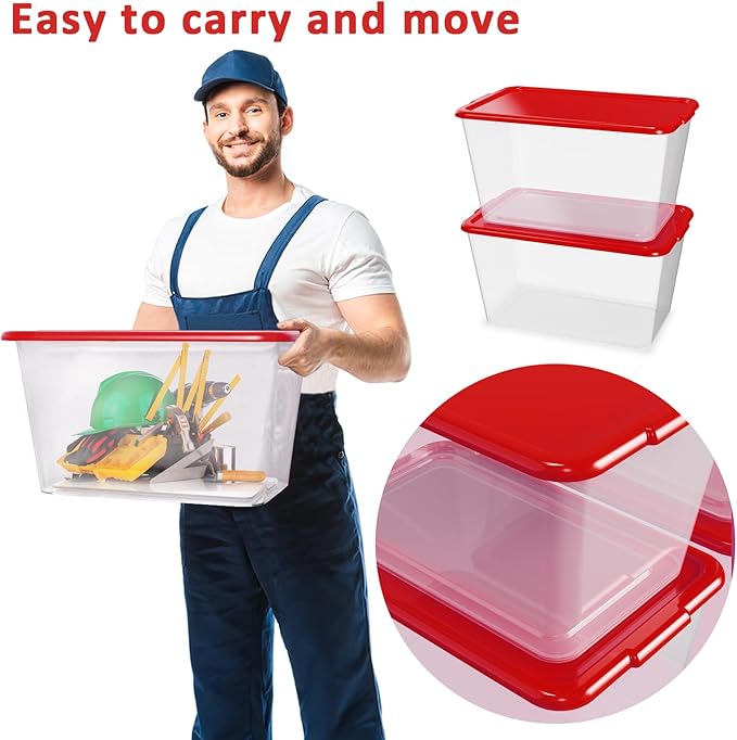 Storage Totes with Lids - Made in USA 14.5-Gallon (58-Quart) 4-Pack storage bins with lids plastic storage containers large storage boxes for Organizer Red/Clear
