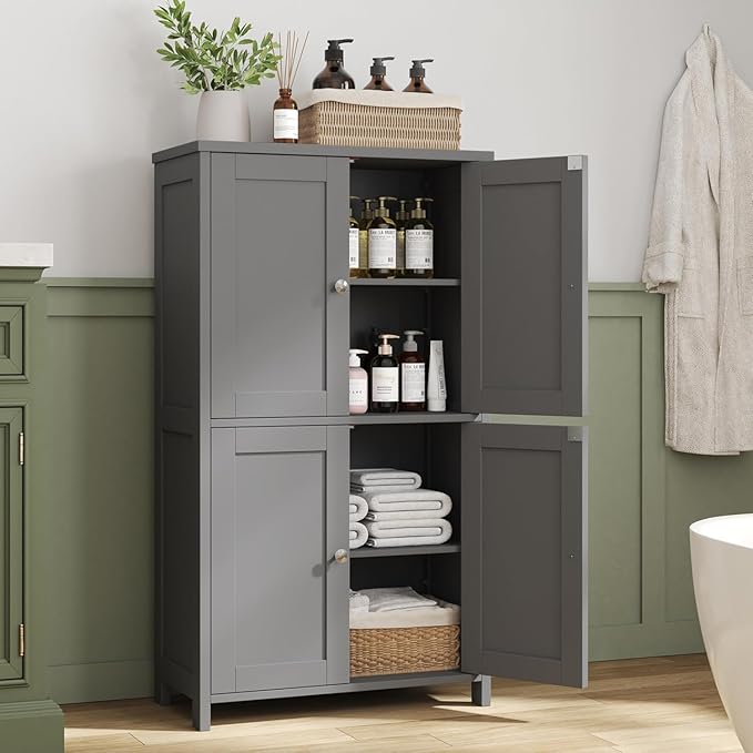 Nuturelly Bathroom Floor Storage Cabinet, Freestanding Pantry Cabinets with 4 Doors & 3 Adjustable Heights, Bathroom Organizers and Storage with Top Board & Metal Handles for Kitchen, Grey