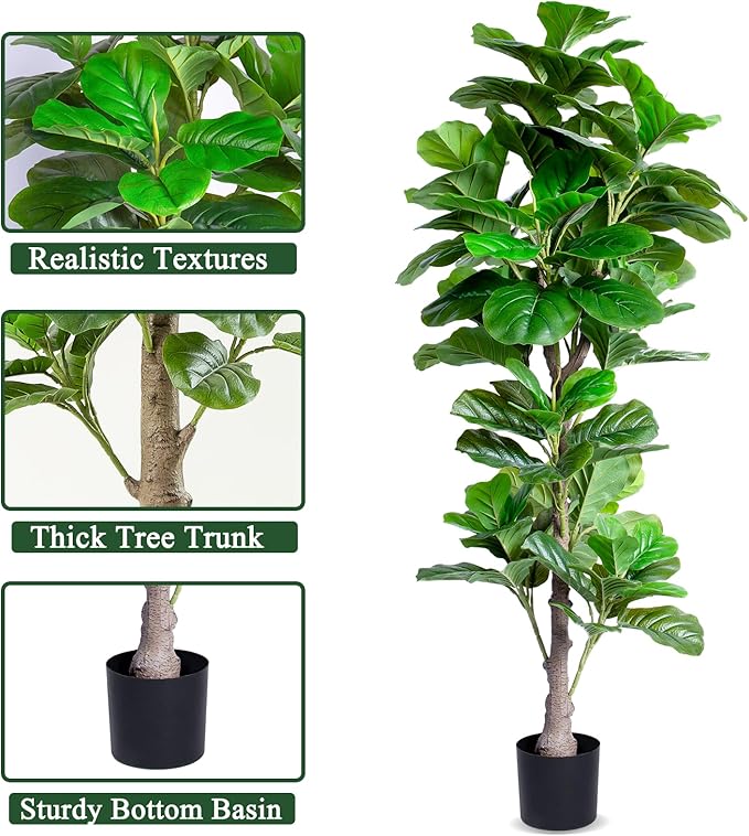 Artificial Fiddle Leaf Fig Tree Indoor, 5FT Tall Faux Tree with Natural Wood Trunk and Lifelike Leaves, Tall Artificial Plants Indoor, Fake Plants for Home, Office, Living Room Decor